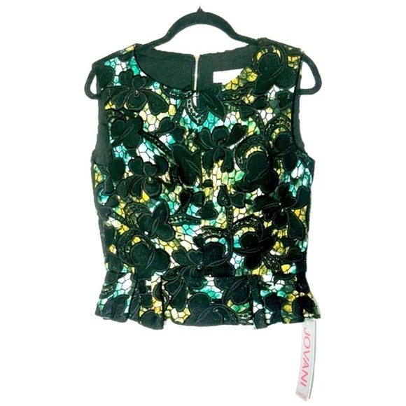 NWT Jovani Black, Green, & Yellow Lace Peplum Top, Built-In Bra, Back Zipper, 12 - Picture 7 of 16